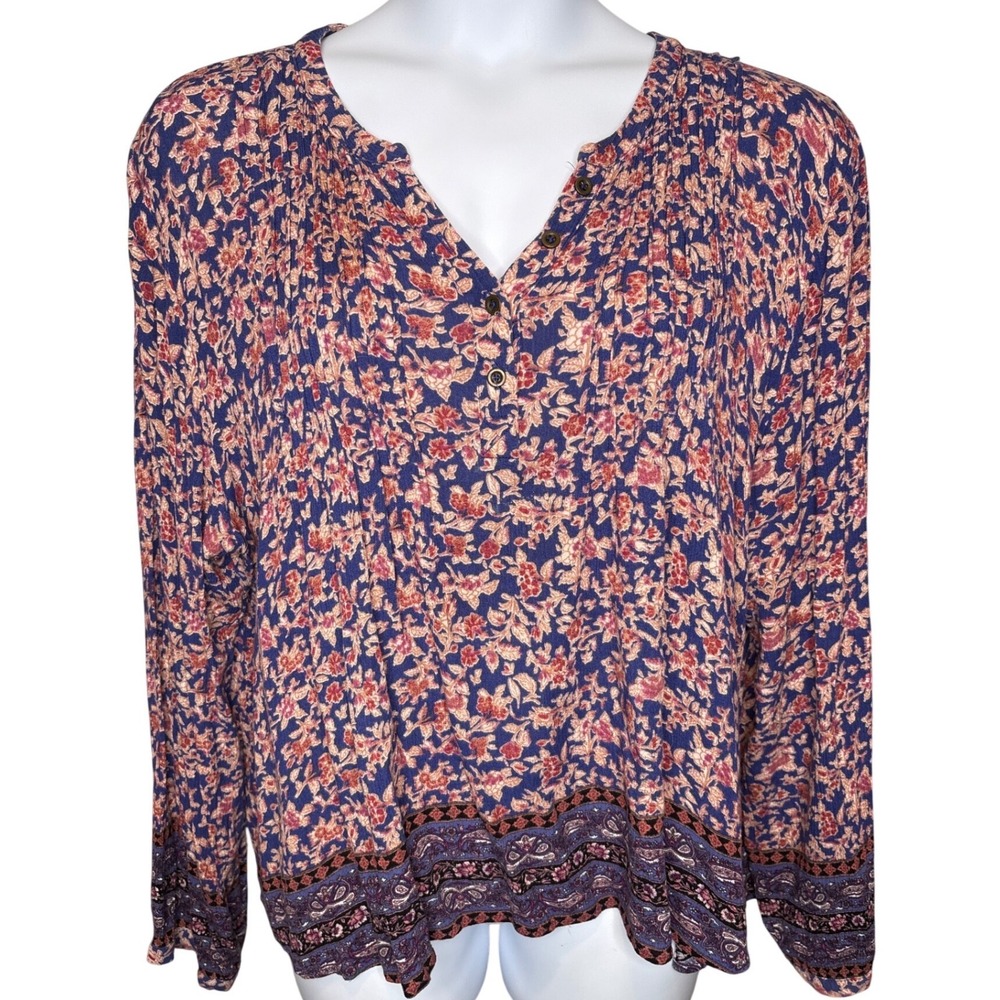 Knox Rose Womens Blue Floral Boho Pintuck V-Neck Blouse Sz XXL‎